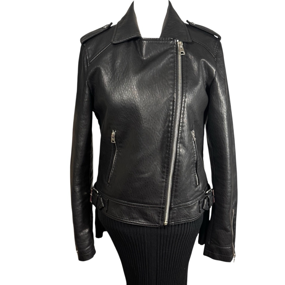 Size 6 Topshop Black Faux Leather classic Moto Jacket pockets Zippers Unisex - Picture 4 of 12